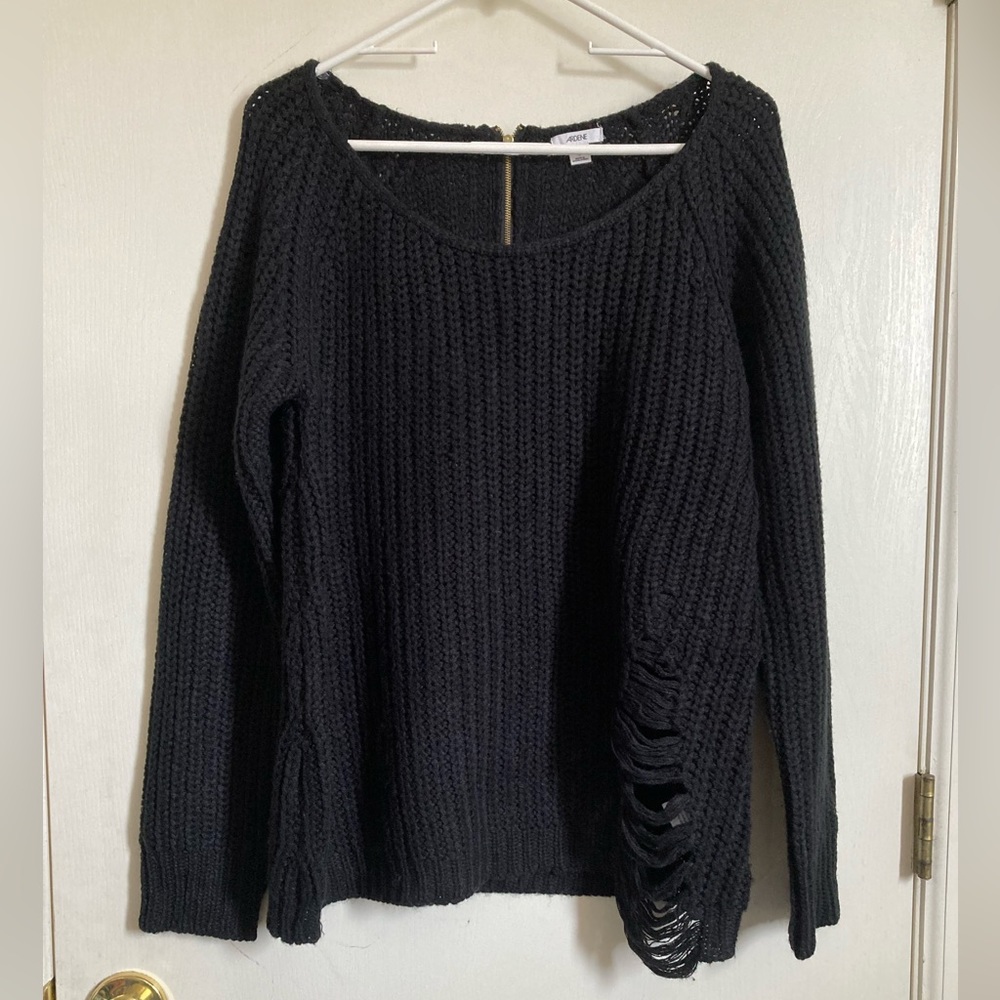 *Ardene Black Rib Knit Distressed Ripped Hem Long Sleeve Large Sweater #Br